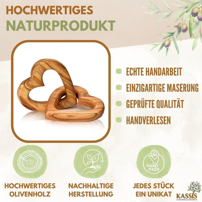 KASSIS Olajfa Szív Páros Kézműves Ajándék Esküvőre Évfordulóra Születésnapra - 5 cm, Classic