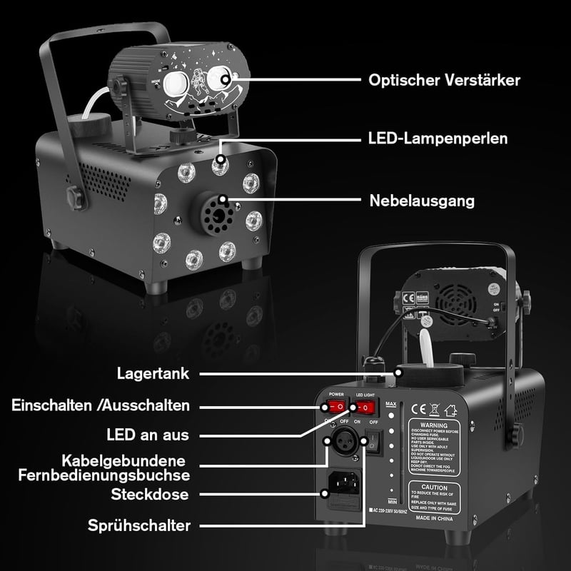 Katomi 700W füstgép RGB LED diszkó fénnyel, 2 vezeték nélküli távirányítóval