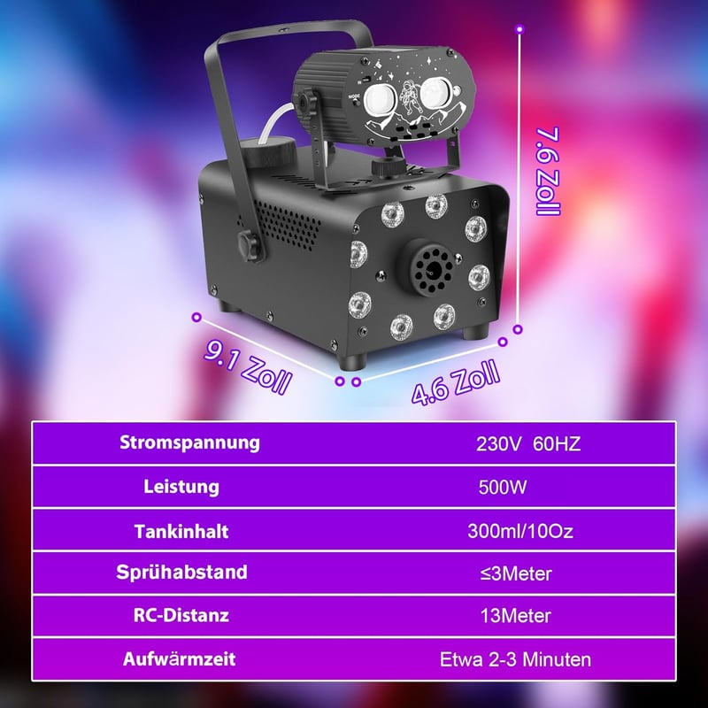 Katomi 700W füstgép RGB LED diszkó fénnyel, 2 vezeték nélküli távirányítóval