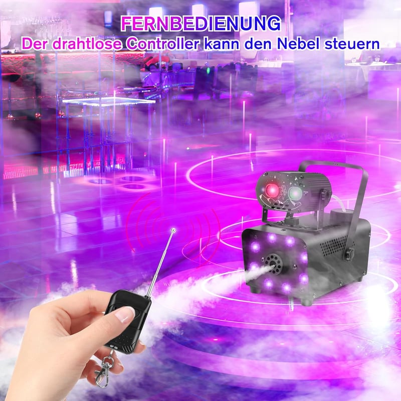 Katomi 700W füstgép RGB LED diszkó fénnyel, 2 vezeték nélküli távirányítóval