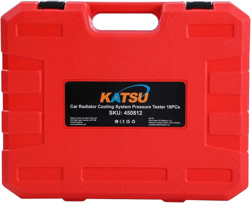 KATSU Tools 18 részes hűtőrendszer tesztelő készlet - Radiátor nyomásmérő, hűtőrendszer ellenőrző, szivárgáskereső szerszám