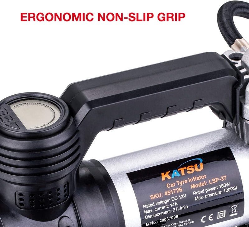 KATSU Tools Autós Légkompresszor 120 PSI 12V LED Világítással - Professzionális Hordozható Gumiabroncs Pumpa Autókhoz, Teherautókhoz, Felfúj