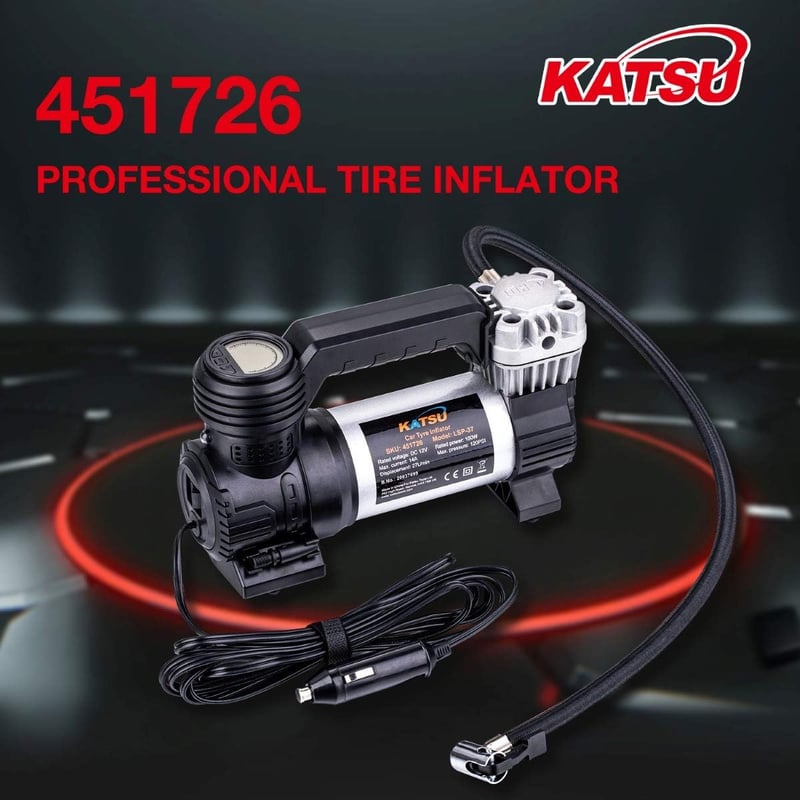 KATSU Tools Autós Légkompresszor 120 PSI 12V LED Világítással - Professzionális Hordozható Gumiabroncs Pumpa Autókhoz, Teherautókhoz, Felfúj