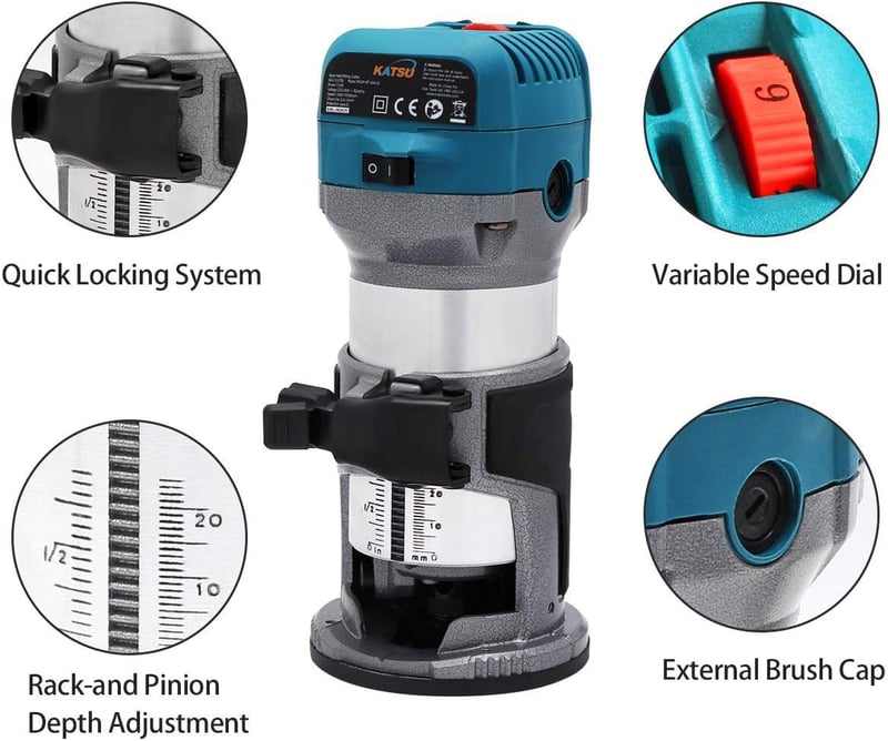 KATSU Tools Elektromos Marógép 710W - Fa Élmaró, Asztali Felsőmaró, Ácsmunkához, Barkácsoláshoz, 0.95 LE Teljesítménnyel