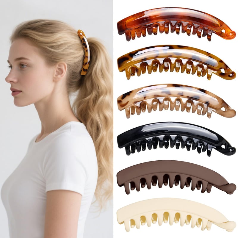 Agrafă de păr tip banană cu model de leopard Kavya pentru femei și fete - set de 6 accesorii de păr vintage din plastic, antiderapante