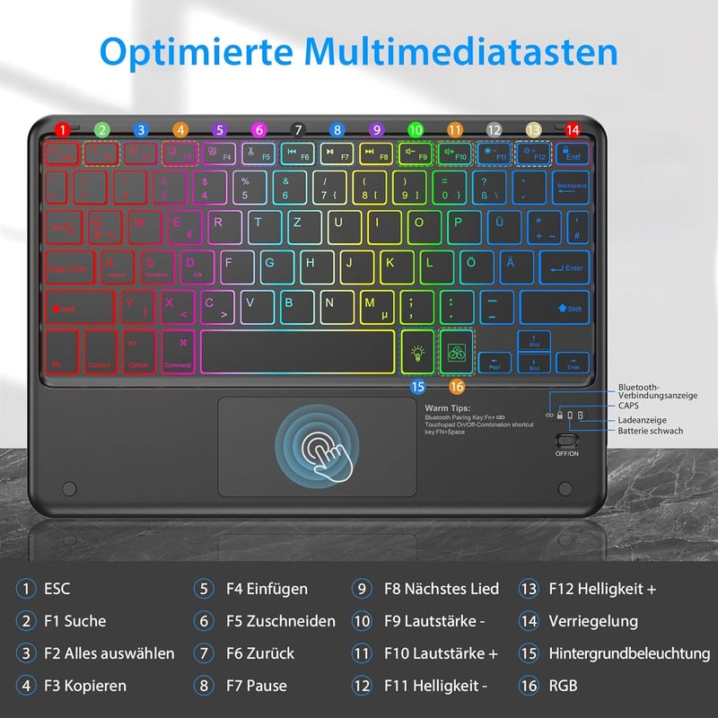 KBCASE Bluetooth Billentyűzet Touchpad-dal 7 Szín Világítás QWERTZ