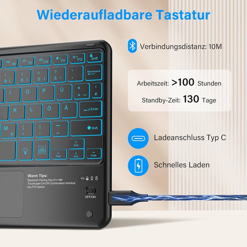 KBCASE Bluetooth Billentyűzet Touchpad-dal 7 Szín Világítás QWERTZ