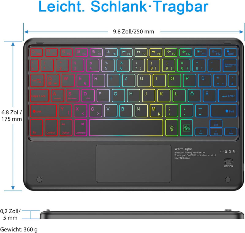 KBCASE Bluetooth Billentyűzet Touchpad-dal 7 Szín Világítás QWERTZ