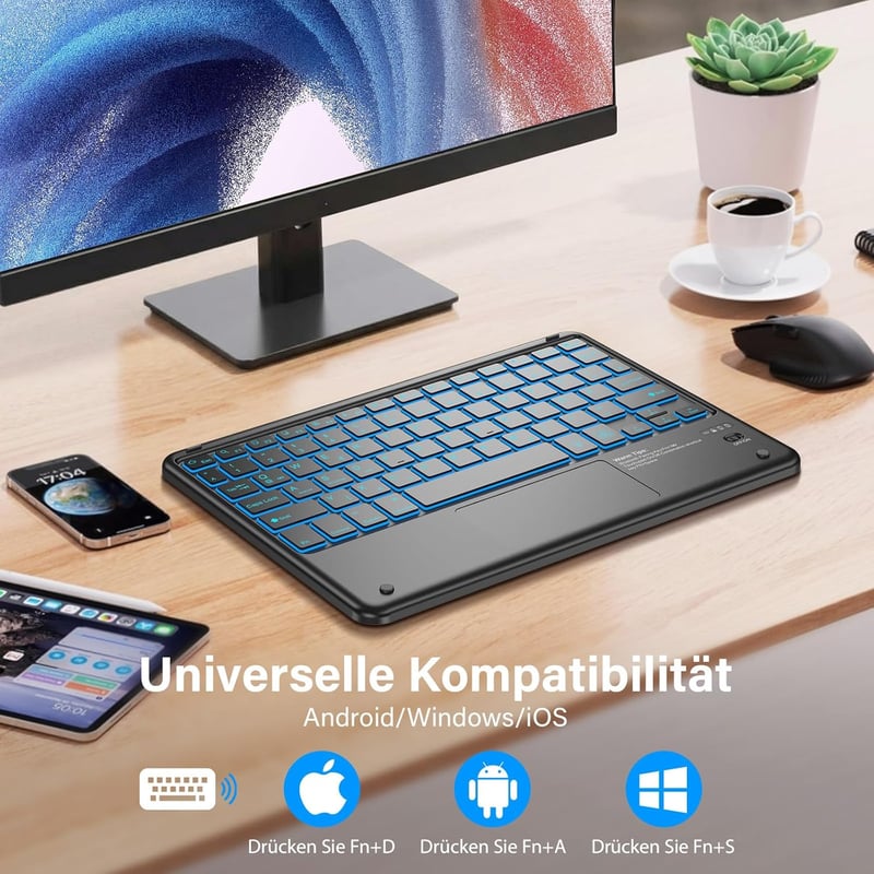 KBCASE Bluetooth Billentyűzet Touchpad-dal 7 Szín Világítás QWERTZ