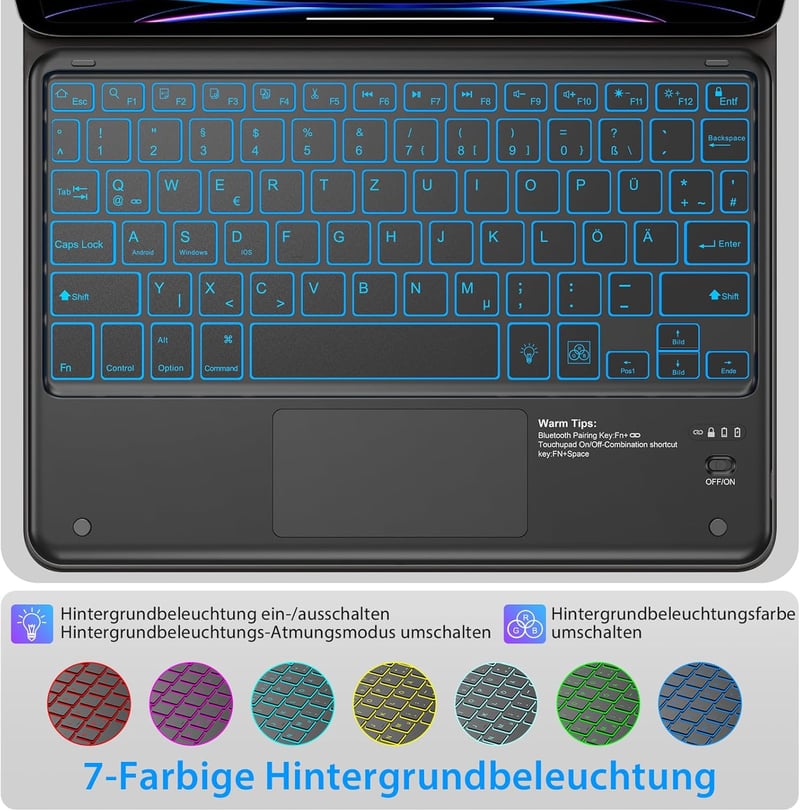 KBCASE Bluetooth Billentyűzet Touchpad-dal 7 Szín Világítás QWERTZ