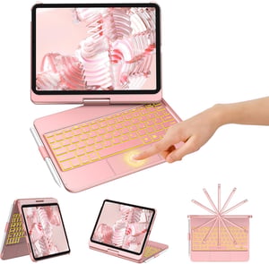 Tastatură rotativă KBCASE pentru iPad 10-11 inch, cu iluminare de fundal în 7 culori, QWERTZ