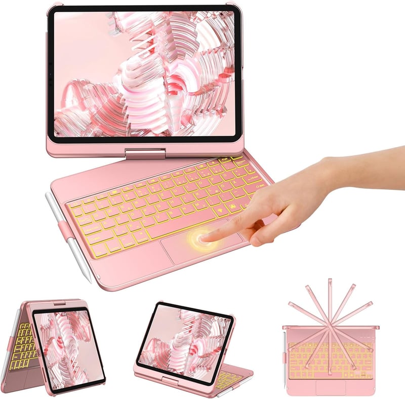 Tastatură rotativă KBCASE pentru iPad 10-11 inch, cu iluminare de fundal în 7 culori, QWERTZ