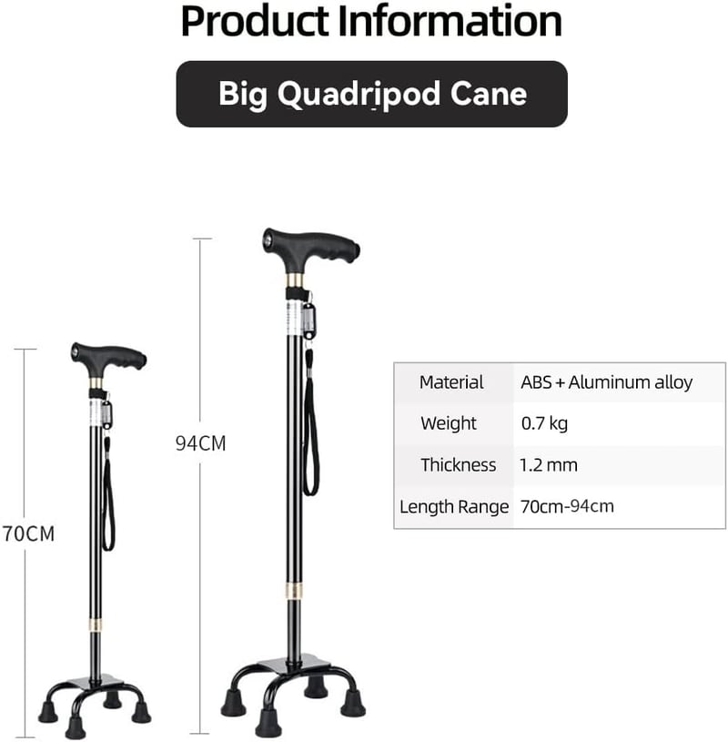 KCareU Időseknek Könnyű Sétabot Állítható Hosszúsággal és 4 Lábú Alap - Black(1 Big + 1 Small + 1 Monopod base)
