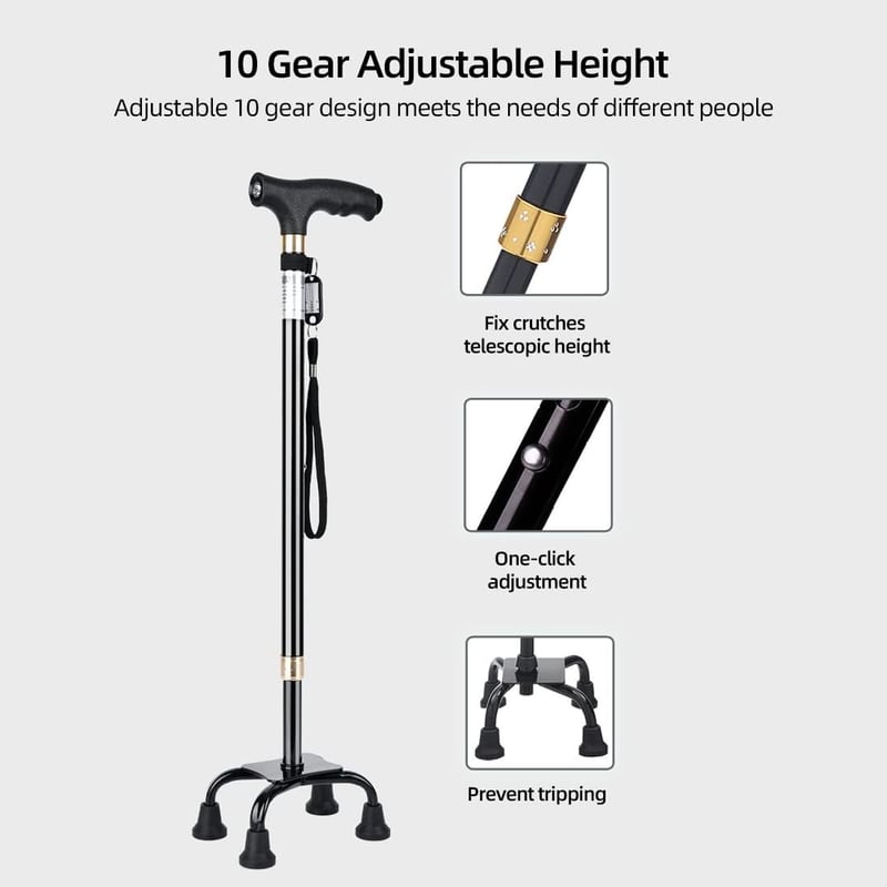KCareU Időseknek Könnyű Sétabot Állítható Hosszúsággal és 4 Lábú Alap - Black(1 Big + 1 Small + 1 Monopod base)