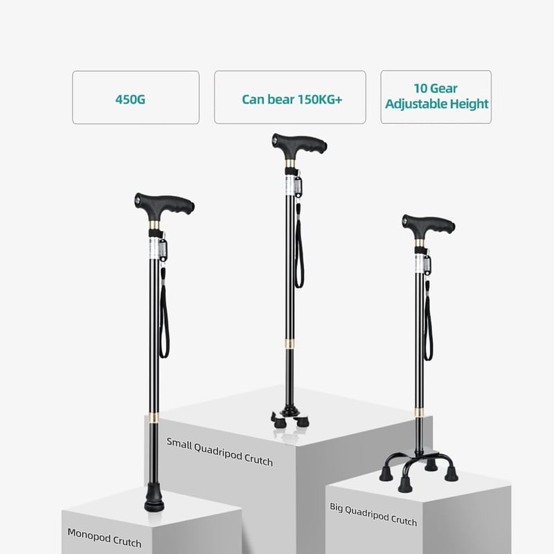 KCareU Időseknek Könnyű Sétabot Állítható Hosszúsággal és 4 Lábú Alap - Black(1 Big + 1 Small + 1 Monopod base)