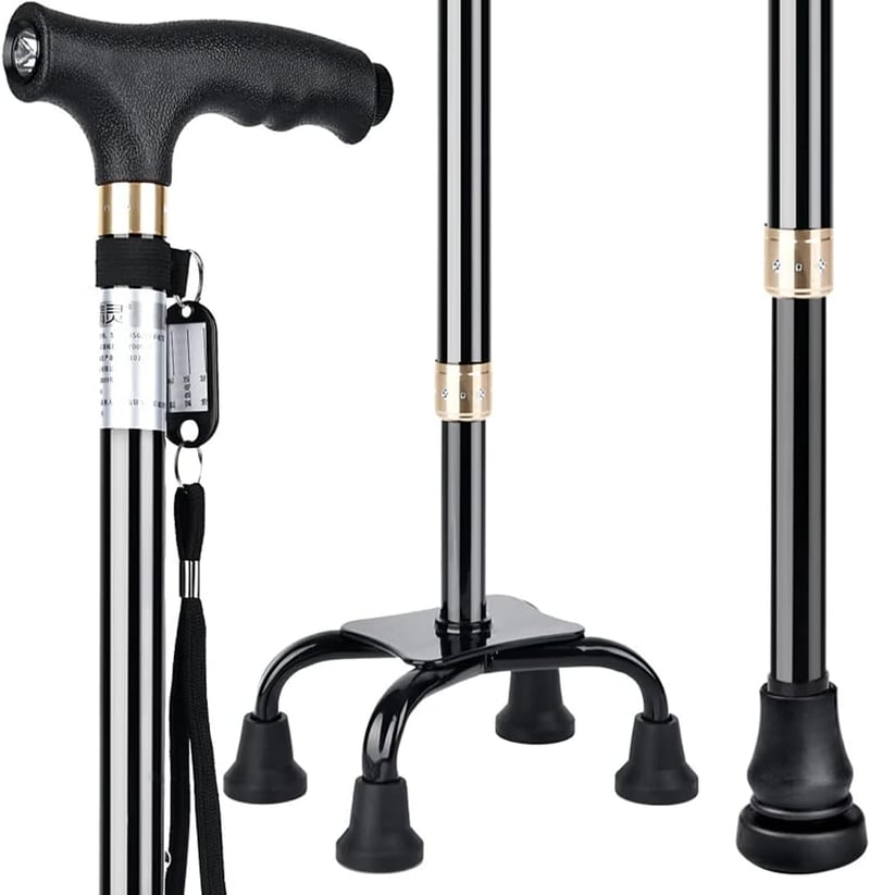KCareU Időseknek Könnyű Sétabot Állítható Hosszúsággal és 4 Lábú Alap - Black(1 Big + 1 Small + 1 Monopod base)