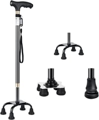 KCareU Időseknek Könnyű Sétabot Állítható Hosszúsággal és 4 Lábú Alap - Black(1 Big + 1 Small + 1 Monopod base) 1