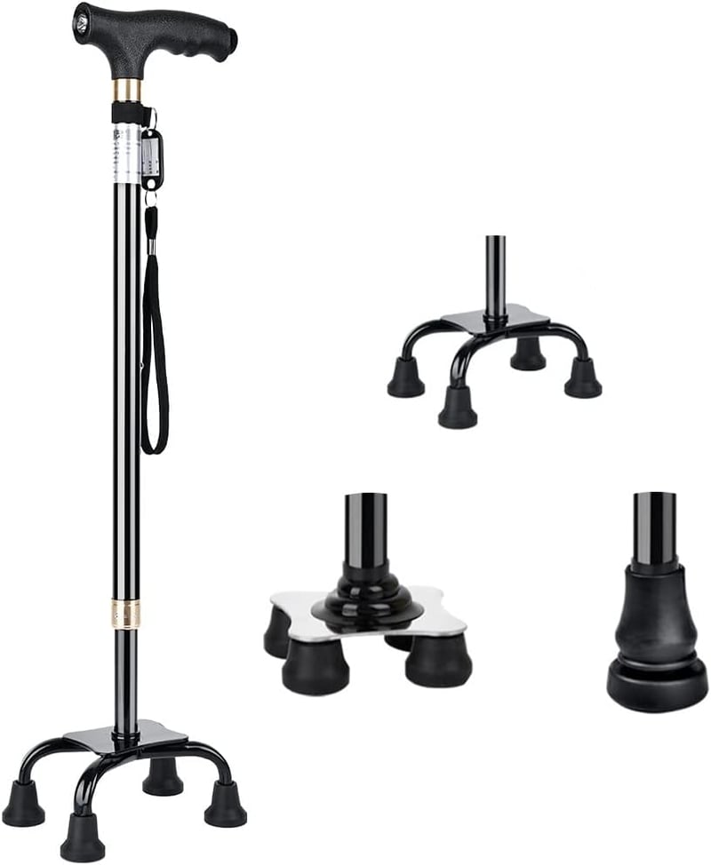 KCareU Időseknek Könnyű Sétabot Állítható Hosszúsággal és 4 Lábú Alap - Black(1 Big + 1 Small + 1 Monopod base)