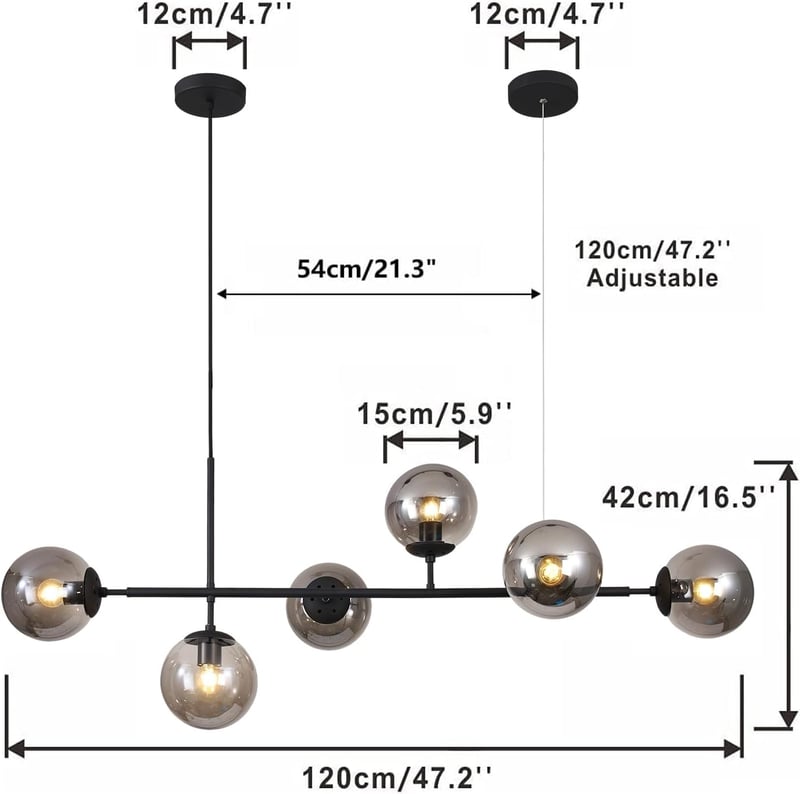 KCO 6 lámpás modern sputnik csillár füstszürke üveggömbökkel 120 cm téglalap mennyezeti függőlámpa nappaliba hálóba konyhába