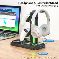 Suport pentru Căști Gaming și Controller KDD cu Încărcător Wireless, Iluminare LED cu 9 Moduri de Lumină, 2 Porturi USB și 1 Port Type-C, Stand pentru Căști și Accesorii PC 2
