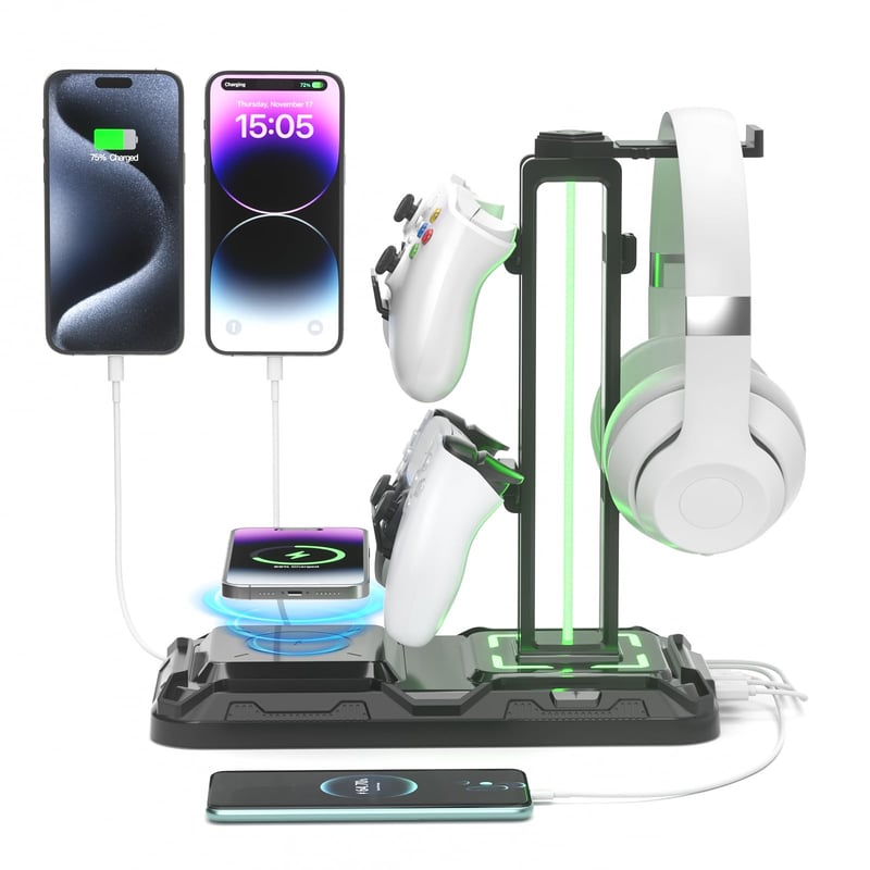 Suport pentru Căști Gaming și Controller KDD cu Încărcător Wireless, Iluminare LED cu 9 Moduri de Lumină, 2 Porturi USB și 1 Port Type-C, Stand pentru Căști și Accesorii PC