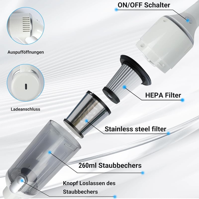 KeautFair Vezeték Nélküli Kézi Porszívó 120W/15000Pa - Kompakt Újratölthető Mini Porszívó Mosható HEPA Szűrőkkel Nedves-Száraz Használatra, 