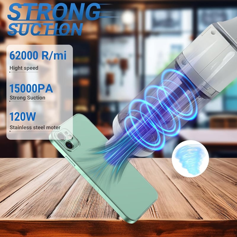 KeautFair Vezeték Nélküli Kézi Porszívó 120W/15000Pa - Kompakt Újratölthető Mini Porszívó Mosható HEPA Szűrőkkel Nedves-Száraz Használatra, 