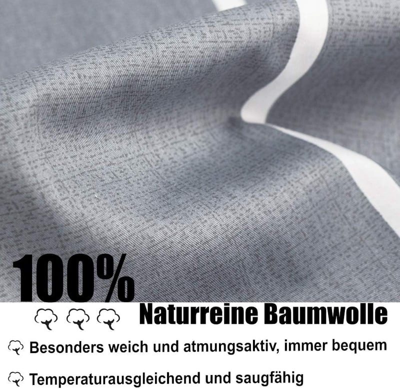 KEAYOO Csíkos Ágynemű Szett 155x220 cm - 100% Pamut Cipzáras Párnahuzat és Paplanhuzat, Szürke-Fehér Mintázat, Kétoldalas