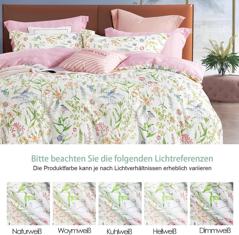 KEAYOO Virágmintás Pamut Ágynemű 135x200 cm Cipzárral - 80x80 cm Párnahuzattal - Zöld-Rózsaszín Nyári-Téli Hálószoba Garnitúra Hipoallergén 