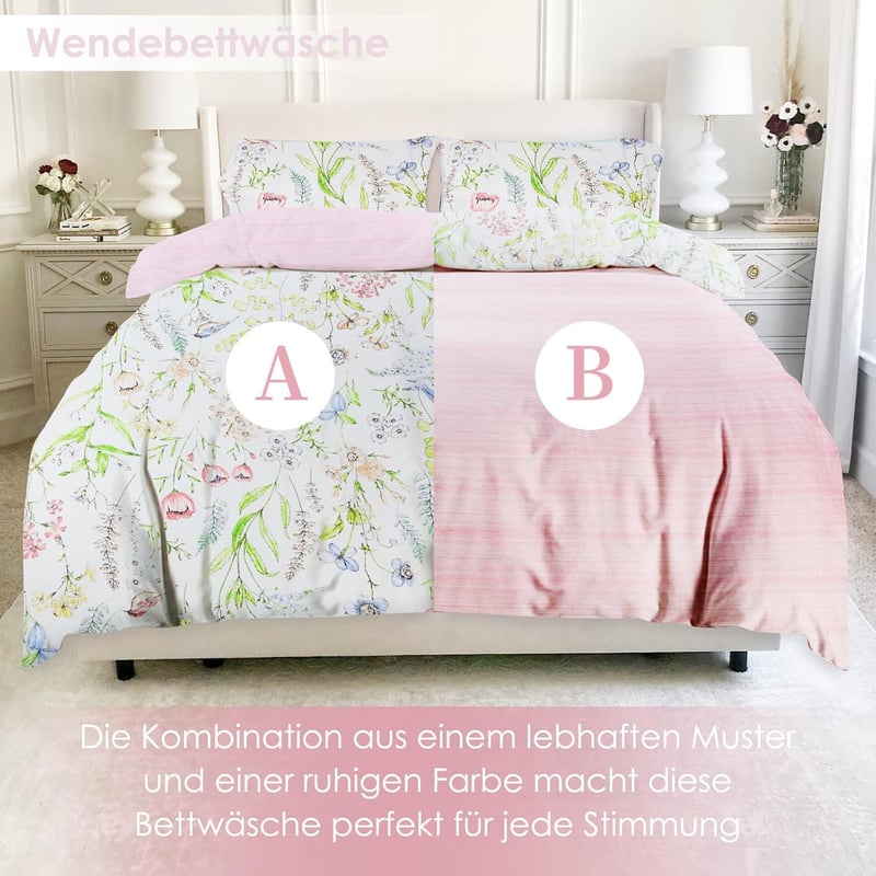 KEAYOO Virágmintás Pamut Ágynemű 135x200 cm Cipzárral - 80x80 cm Párnahuzattal - Zöld-Rózsaszín Nyári-Téli Hálószoba Garnitúra Hipoallergén 