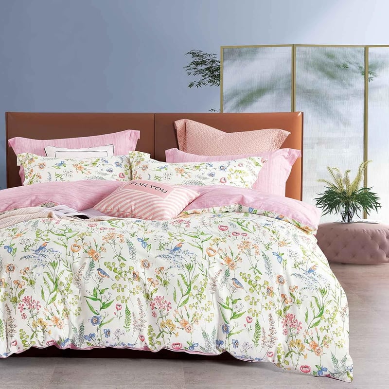 KEAYOO Virágmintás Pamut Ágynemű 135x200 cm Cipzárral - 80x80 cm Párnahuzattal - Zöld-Rózsaszín Nyári-Téli Hálószoba Garnitúra Hipoallergén 