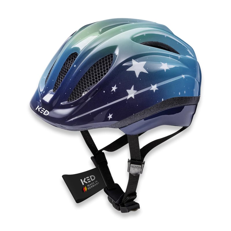 Cască de ciclism pentru copii KED Meggy II Trend – Fabricată în Germania, stop LED, tehnologie MaxShell, Stars Blue Green, 49-53 cm (mărimea S/M)