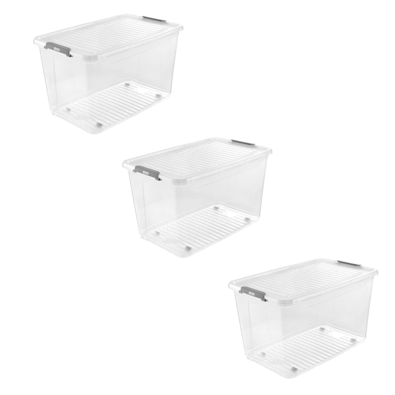Priehľadný úložný box keeeper Leo 3 s vekom a kolieskami, klipový uzáver, 56 l, 59x38x35,5 cm