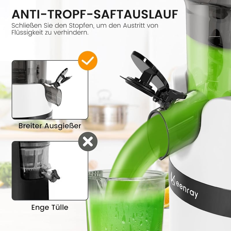 Keenray Lassú Gyümölcsfacsaró Hidegpréses Centrifuga 80mm Széles Szájjal, Csendes Motor, Fehér Színű Juice Extractor