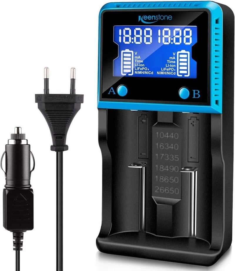 Încărcător universal de acumulatori Keenstone cu 2 sloturi și ecran LCD, pentru NI-MH, NI-CD, AA, AAA, Li-Ion, LiFePO4, IMR, 18650, 26650, 14500, 10440, RCR123, încărcare rapidă