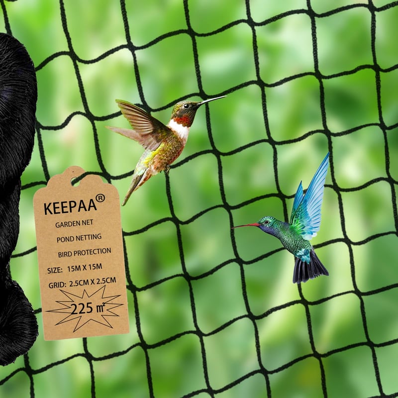 KEEPAA Ochranná sieť proti vtákom čierna 15x15 m – Záhradná sieť z nylonu odolná proti roztrhnutiu s okami 2,5x2,5 cm, ochrana záhrady, jazierka a balkóna