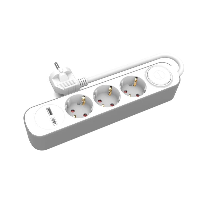 Produžni kabel KEL s 3 utičnice, USB-A + USB-C, kabel 1,5 m, 3680 W - bijeli