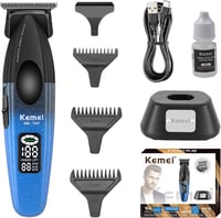 Mașină de tuns barbă fără fir KEMEI 1669 cu afișaj LED, 9000 RPM, lamă în formă de T cu strat DLC și bază de încărcare pentru bărbați 1