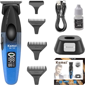 Mașină de tuns barbă fără fir KEMEI 1669 cu afișaj LED, 9000 RPM, lamă în formă de T cu strat DLC și bază de încărcare pentru bărbați