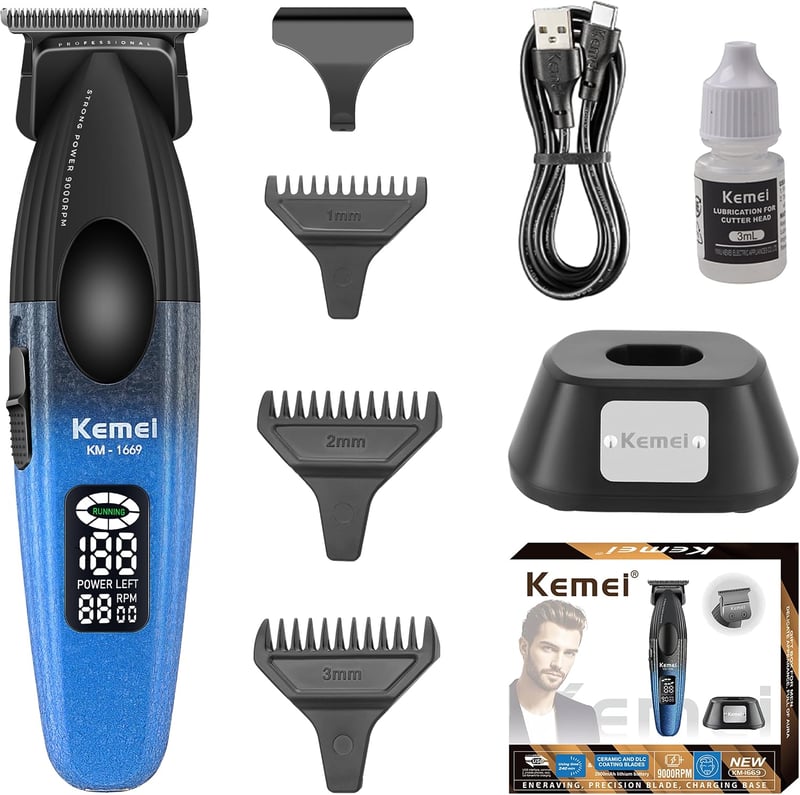 Mașină de tuns barbă fără fir KEMEI 1669 cu afișaj LED, 9000 RPM, lamă în formă de T cu strat DLC și bază de încărcare pentru bărbați