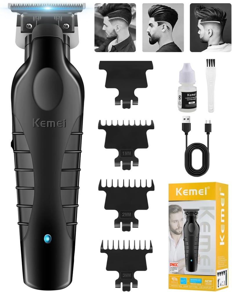 KEMEI 2299 vezeték nélküli szakáll és hajvágó trimmer férfiaknak, Zero Gap T-kés, 3 vezetőfésű 1 2 3 mm