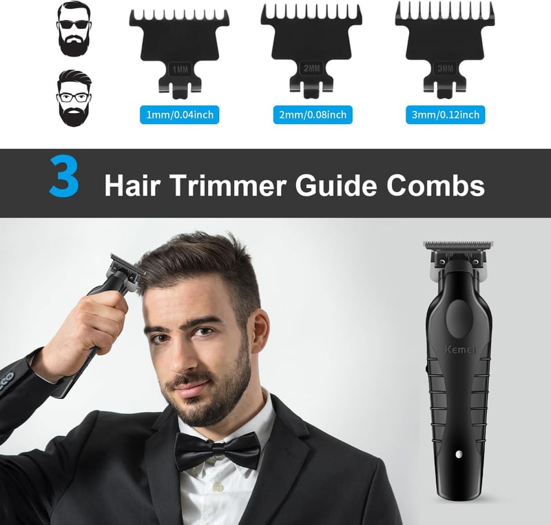 KEMEI 2299 vezeték nélküli szakáll és hajvágó trimmer férfiaknak, Zero Gap T-kés, 3 vezetőfésű 1 2 3 mm