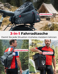 KEMIMOTO 2 v 1 Brašna na nosič, 15 l, vodotesná cyklistická taška na zadný nosič, viac priehradiek, s držadlom na prenášanie a ramenným popruhom 5