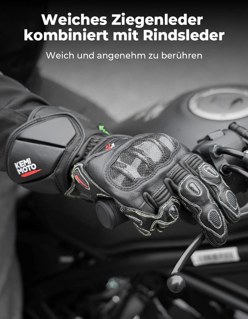 KEMIMOTO Bőr Motoros Kesztyű Karbon Szálas Védelemmel - Érintőképernyős, Csúszásgátló Tenyér, Kevlar Varrás, Férfi/Unisex M-es Méret, Fekete