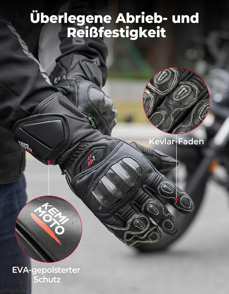 KEMIMOTO Bőr Motoros Kesztyű Karbon Szálas Védelemmel - Érintőképernyős, Csúszásgátló Tenyér, Kevlar Varrás, Férfi/Unisex M-es Méret, Fekete