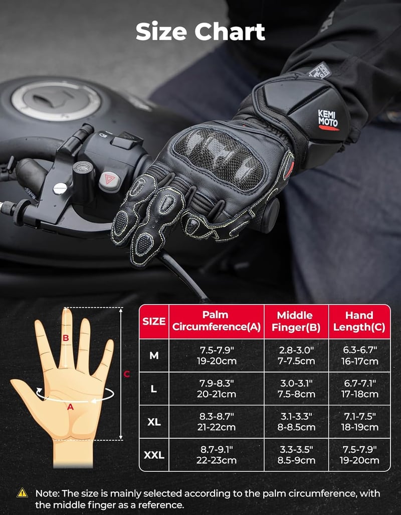 KEMIMOTO Bőr Motoros Kesztyű Karbon Szálas Védelemmel - Érintőképernyős, Csúszásgátló Tenyér, Kevlar Varrás, Férfi/Unisex M-es Méret, Fekete