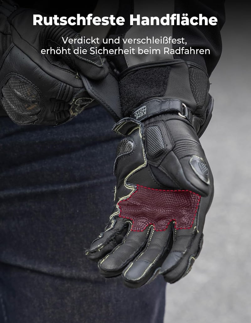 KEMIMOTO Bőr Motoros Kesztyű Karbon Szálas Védelemmel - Érintőképernyős, Csúszásgátló Tenyér, Kevlar Varrás, Férfi/Unisex M-es Méret, Fekete