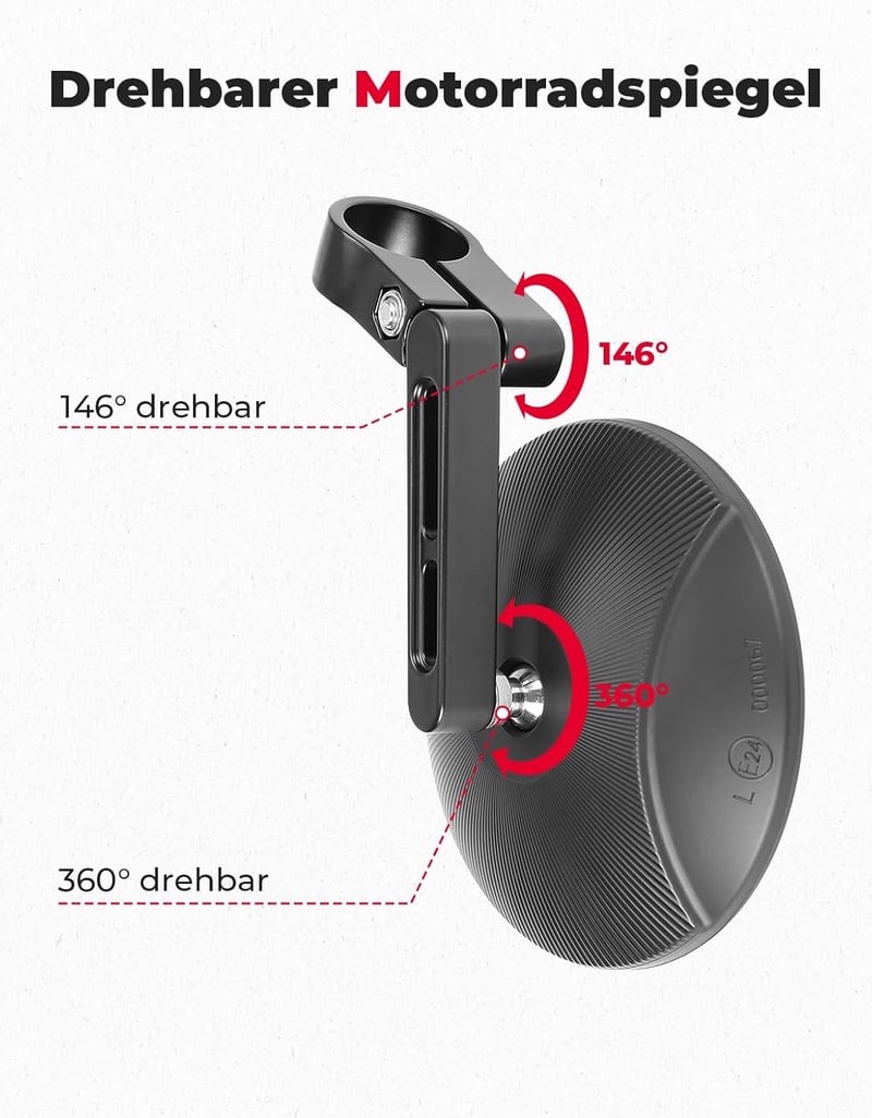 KEMIMOTO CNC Oglinzi Motocicletă cu Certificare E24 - Set Oglinzi Rotunde 360° pentru Capătul Ghidonului (2 buc) - Compatibilitate Universală Moto