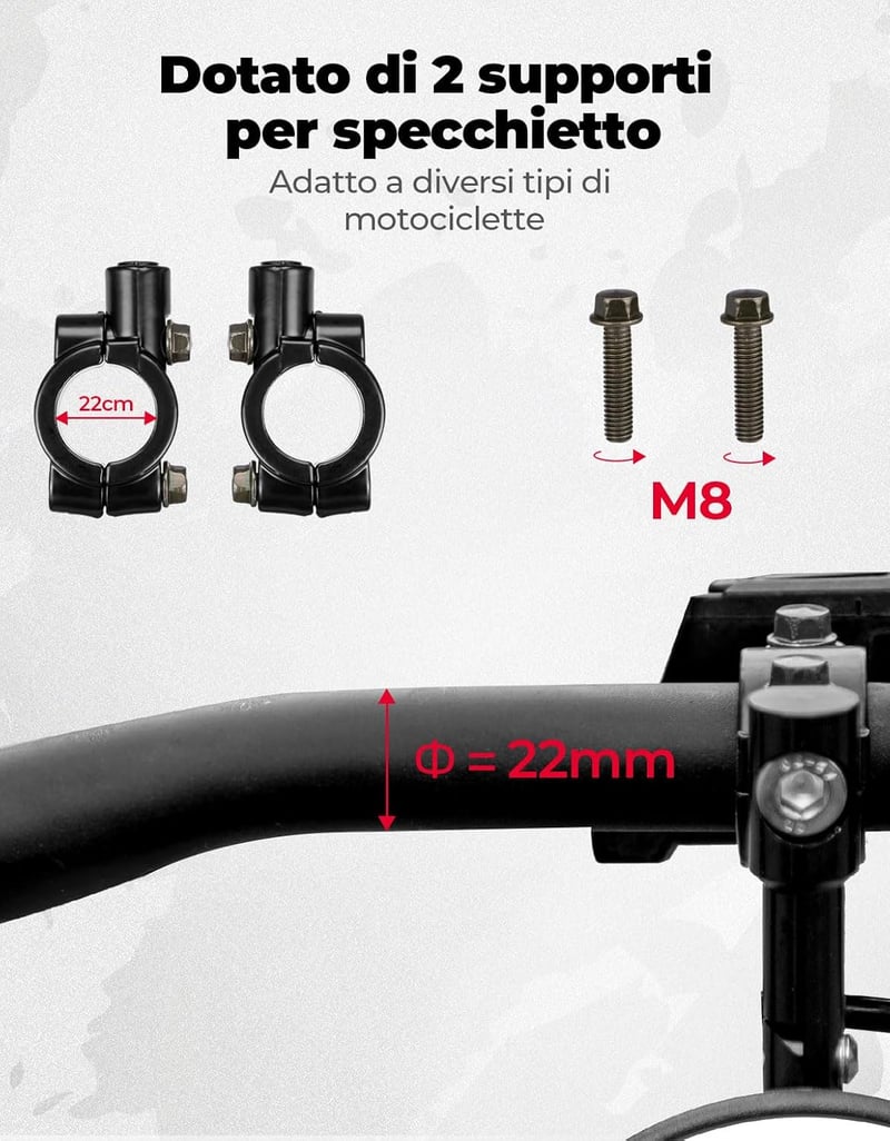 KEMIMOTO E24 Tanúsított Motoros Tükör Szett - 2db Univerzális Kormányvég Tükör Tartókkal, Karcálló Kerek Visszapillantó Robogókhoz, ATV-hez,