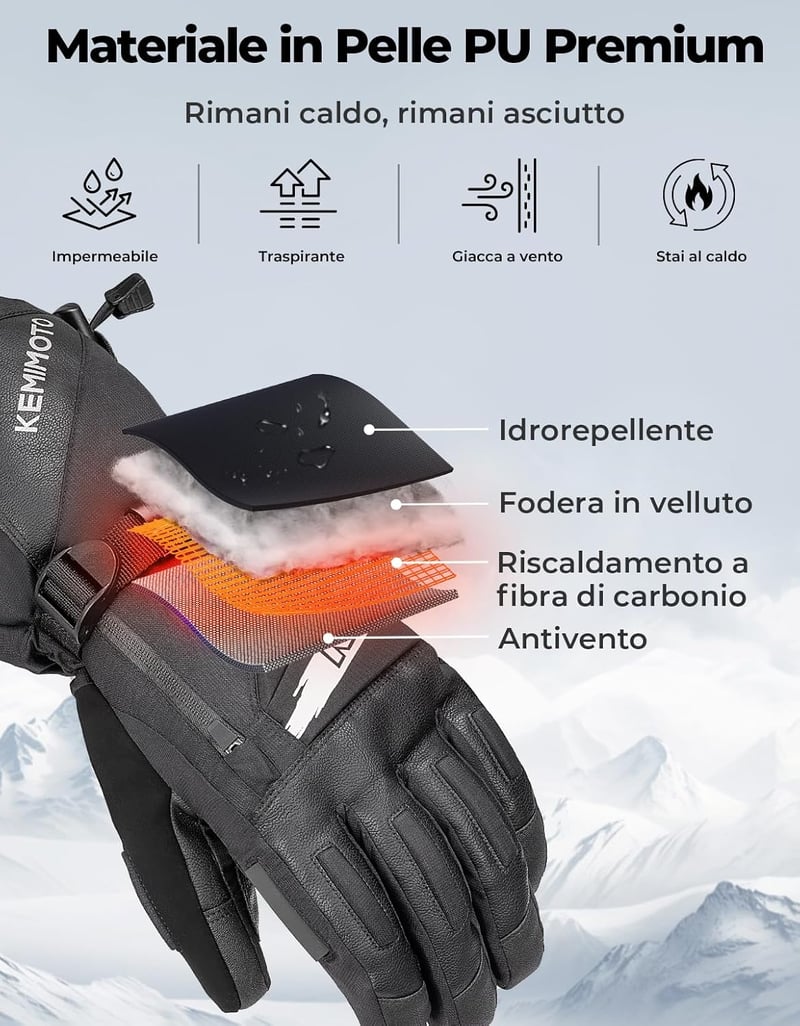 KEMIMOTO Fűthető Motoros Kesztyű EVA Védelemmel - 7,4V 2500mAh Akkumulátor, 3 Hőfokozat, Vízálló Téli Kesztyű Érintőképernyős Ujjakkal Motor